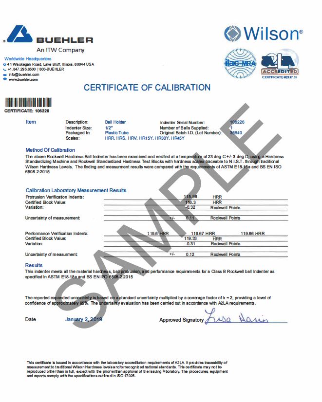 Wilson Brinell Carbide Ball Indenter, 2.5 mm, incl. ISO and ASTM Cert.